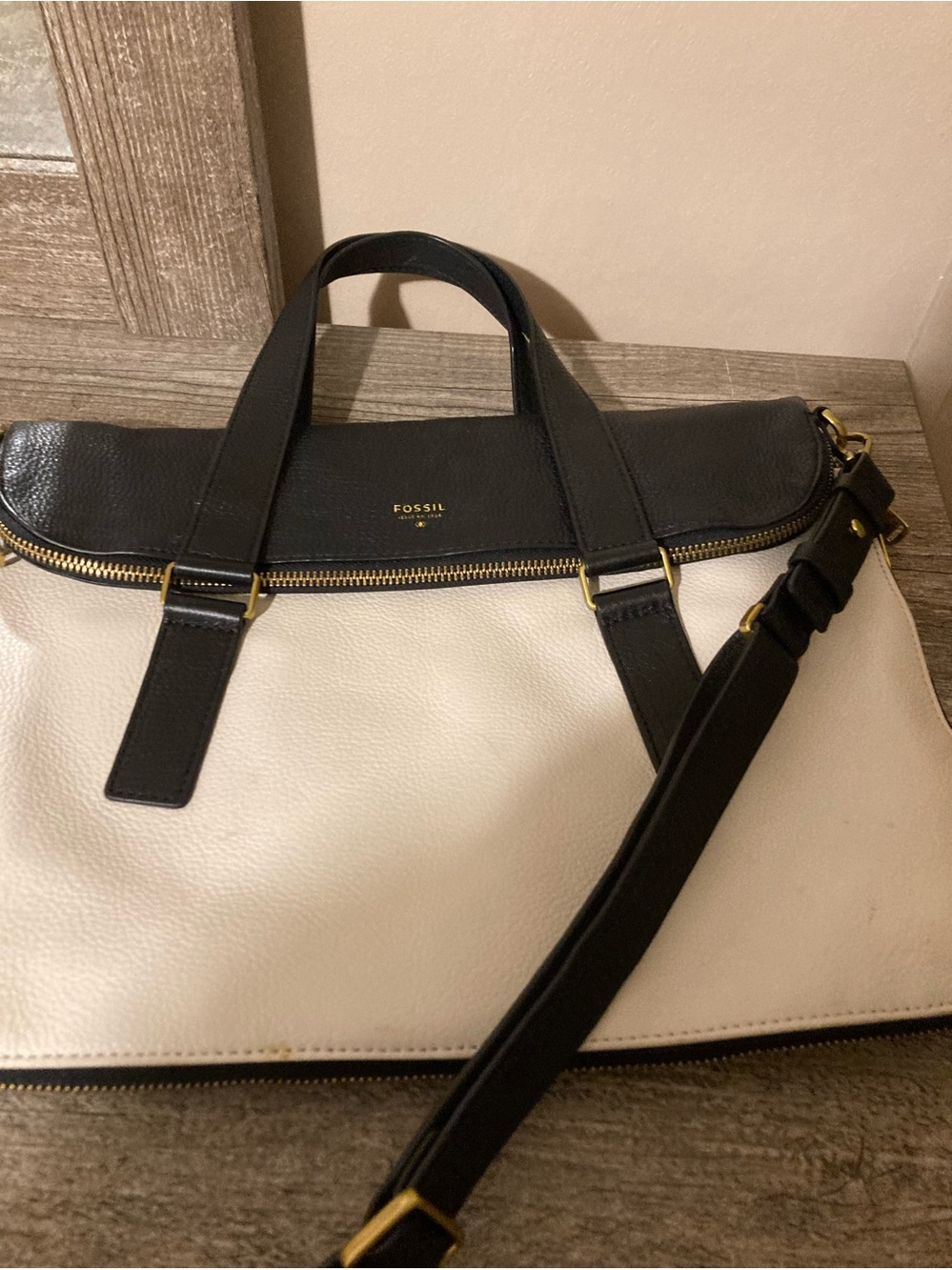 Fossil Black and Cream Leather Satchel with Gold Hardware
